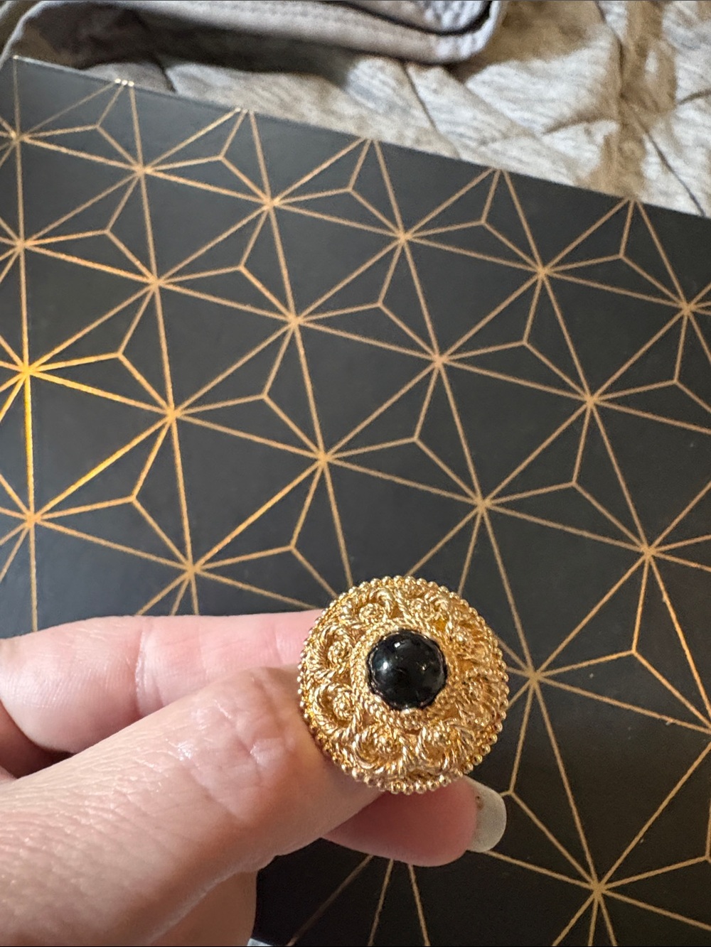 Gold-Tone Black Stone Statement Ring - Women Jewelry